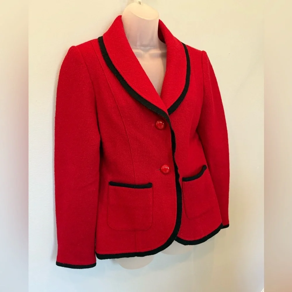 Grace Elements 100% Wool Red Blazer with Black Trim - Size 10